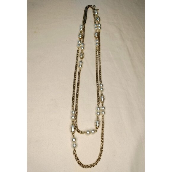 Sarah Coventry Vintage Gold Tone Chain Faux Pearl Pendant Long Necklace Jewelry - Picture 9 of 16